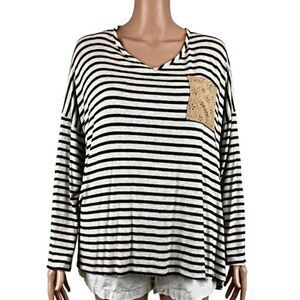 Top Pullover Striped Knit Long Sleeve Suede Elbow Patch & Pocket White Black 3X